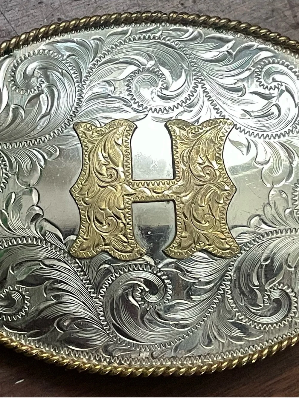 Montana Silversmiths Engraved Silver-Tone Belt Buckle with Gold 'H' Initial